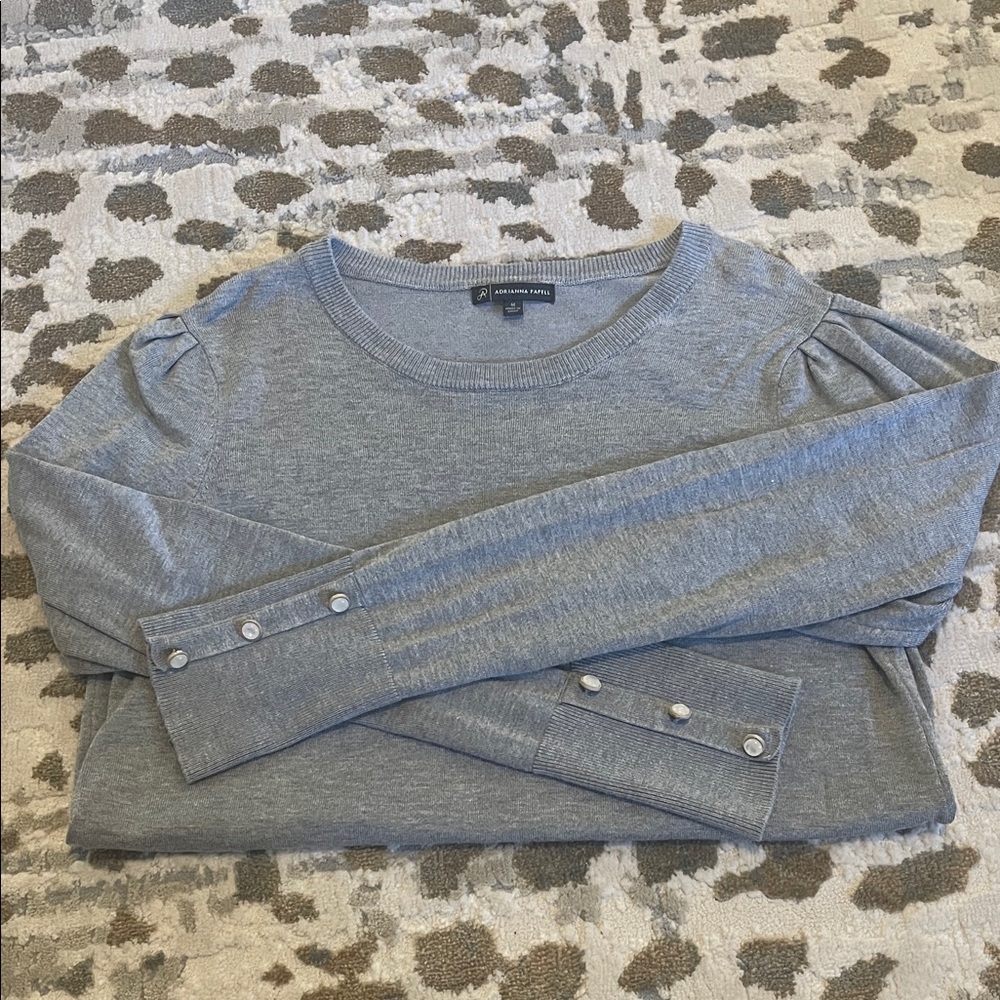 Adrianna Papell Gray Crew Neck Sweater with Gorgeous Button Detail on Cuffs